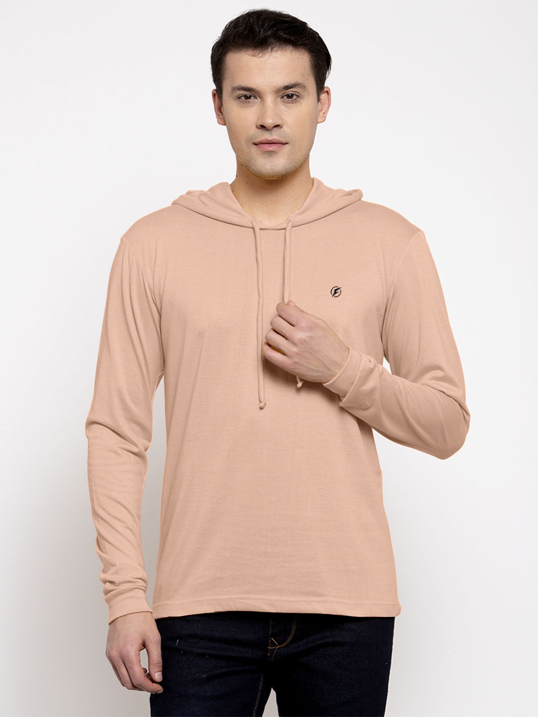 

Friskers Men Peach Solid Hooded Pure Cotton Long Sleeve T-shirt, Green