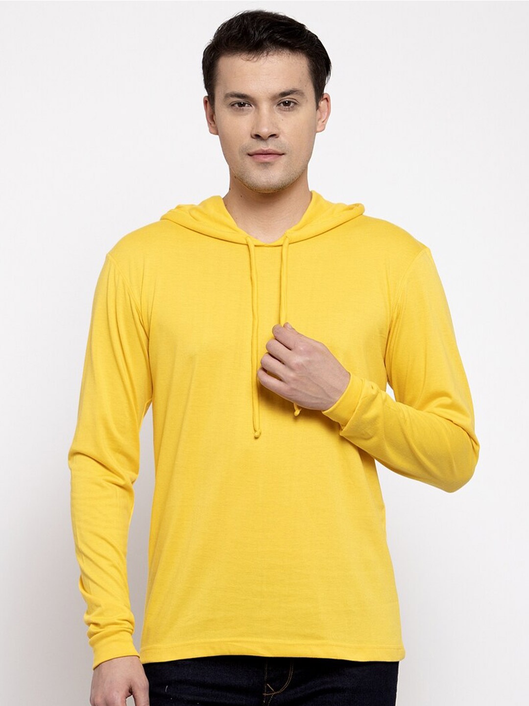 

Friskers Men Yellow Hooded Cotton T-shirt