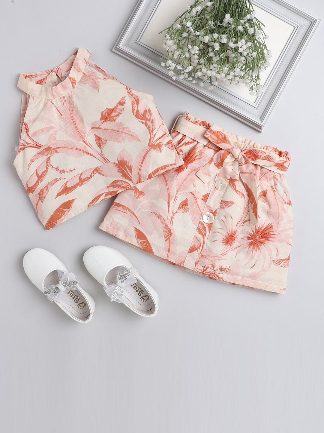 

taffykids Girls Beige Printed Pure Cotton Clothing Set