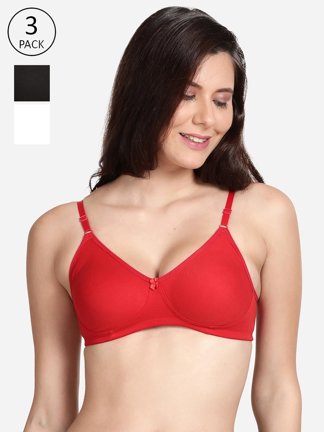 

shyaway Black & Red Set Of 3 Cotton Bralette Bra
