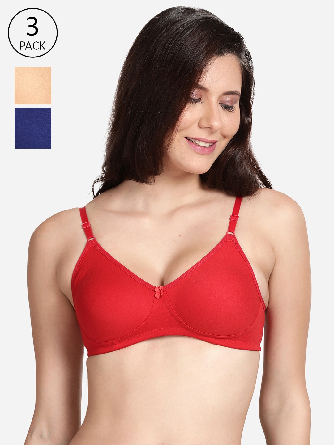 

shyaway Pack Of 3 Beige & Red Non Padded Cotton Bra