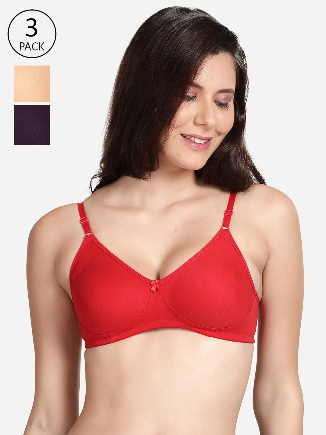 

shyaway Pack Of 3 Beige & Red Solid Non Padded Bra