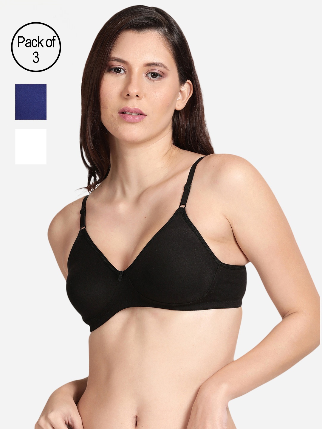 

shyaway Pack of 3 Solid Cotton T-Shirt Bra, Black