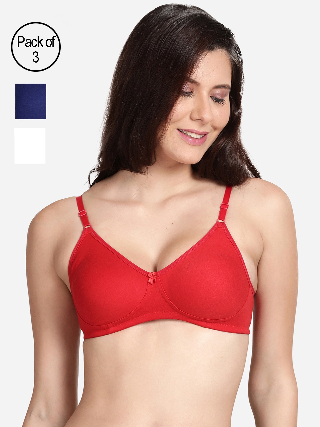 

shyaway Pack Of 3 Red & Blue Non Padded Cotton Bra
