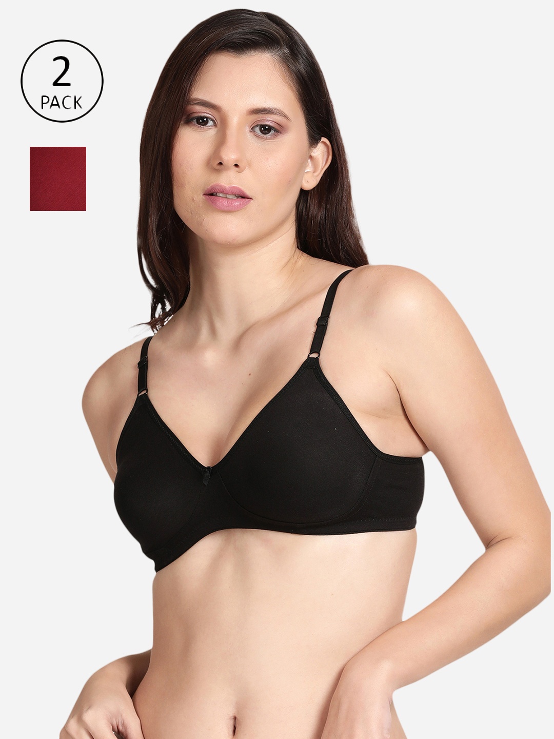 

shyaway Women Pack Of 2 Black & Maroon Non Padded Bra