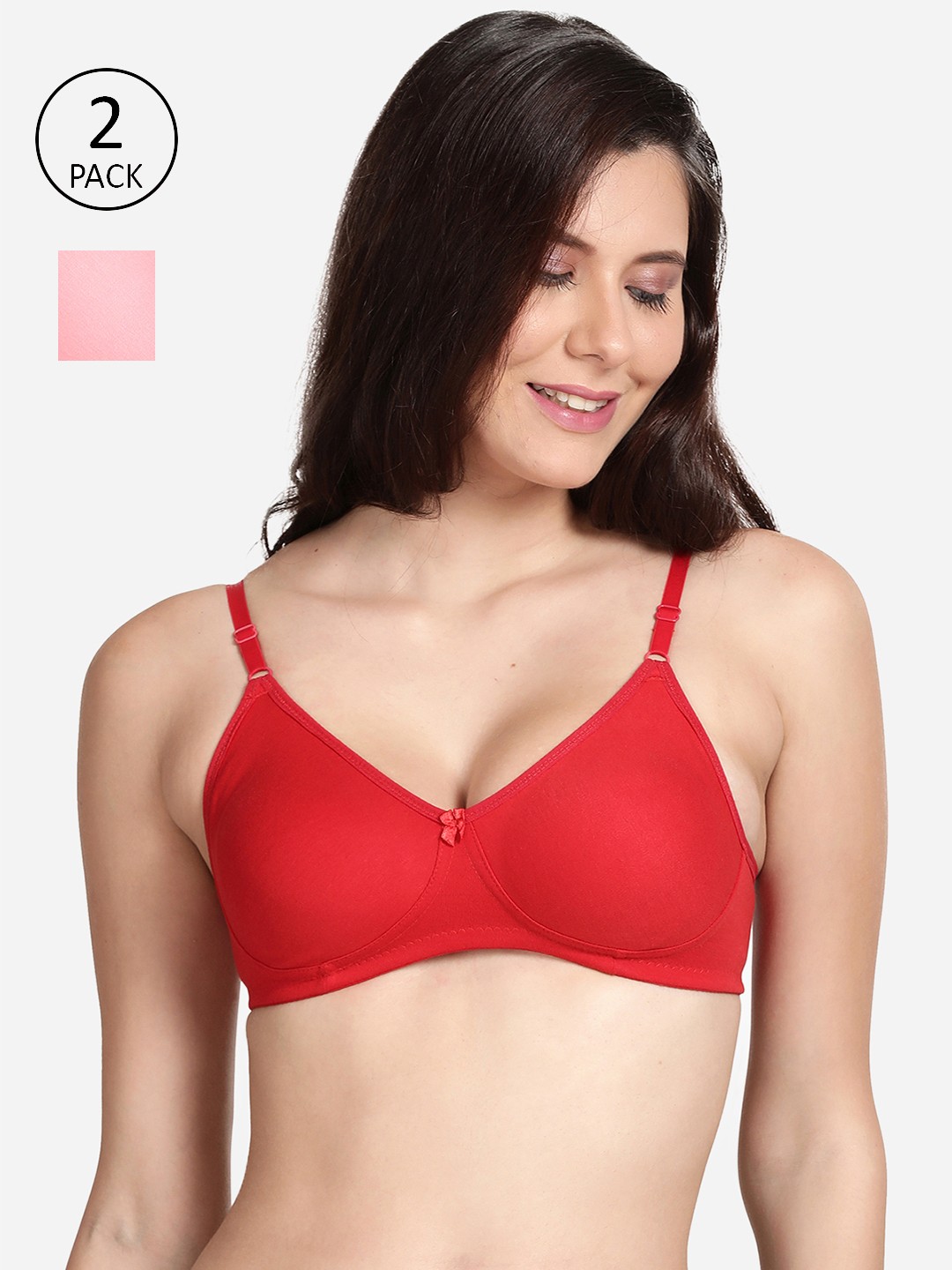 

shyaway Women Pack Of 2 Pink & Red Solid Cotton Non Padded T-shirt Bra