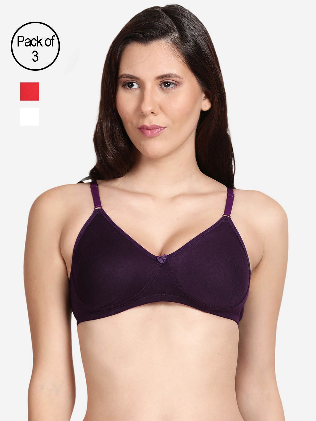 

shyaway Purple & White Set Of 3 Cotton Bra Lightly Padded