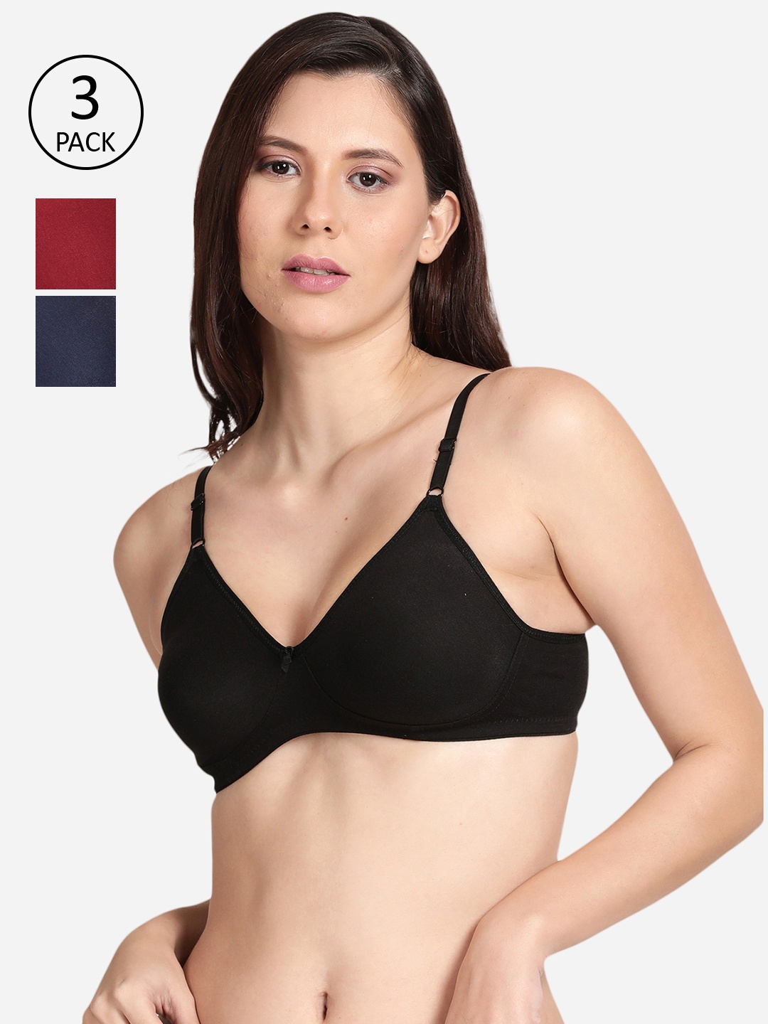 

shyaway Pack Of 3 Black & Maroon Solid Non Padded Bra