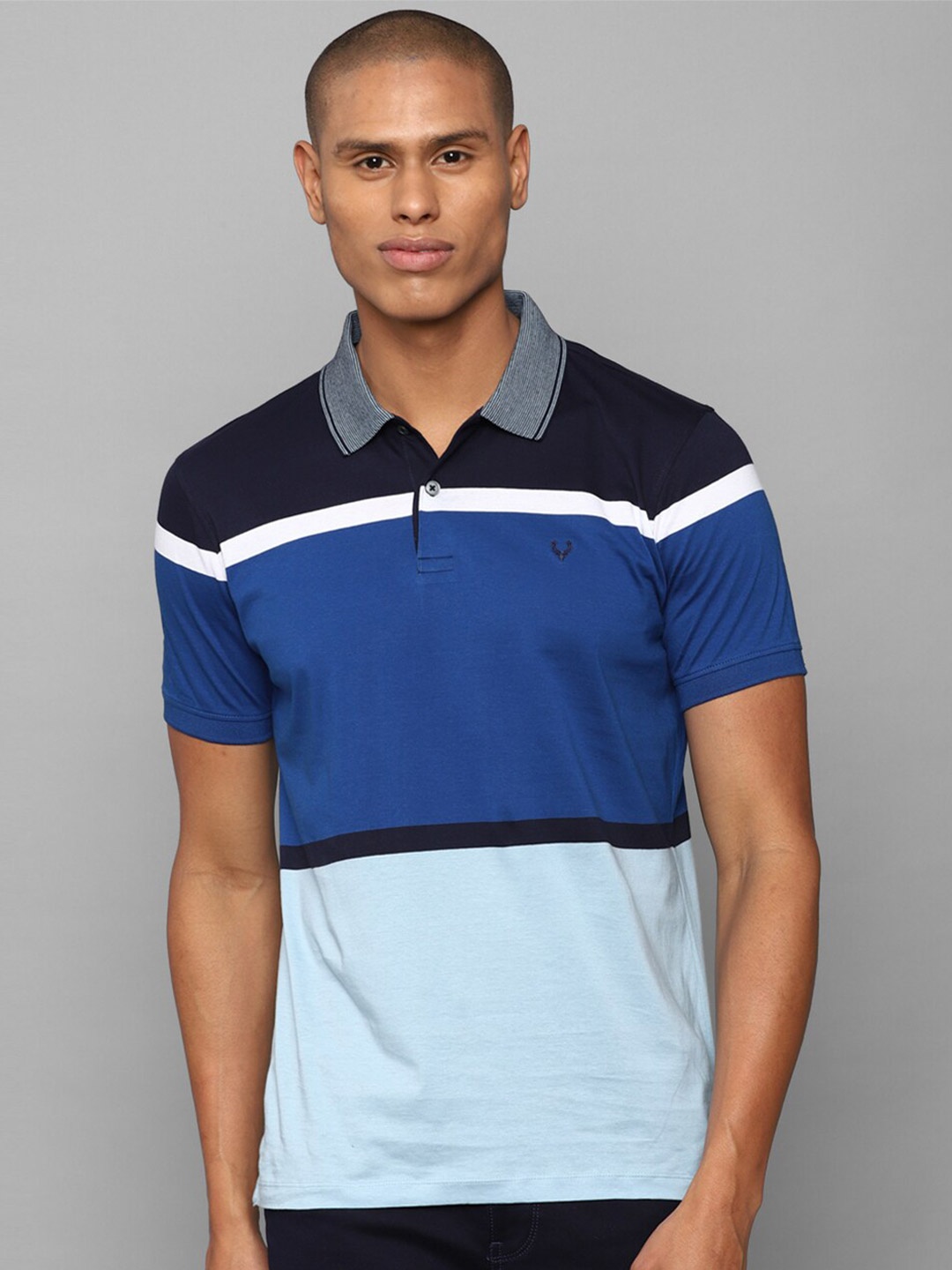 

Allen Solly Men Blue & Black Colourblocked Polo Collar Cotton T-shirt