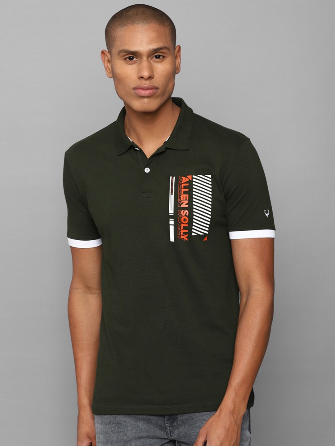 

Allen Solly Men Olive Green Typography Printed Polo Collar T-shirt