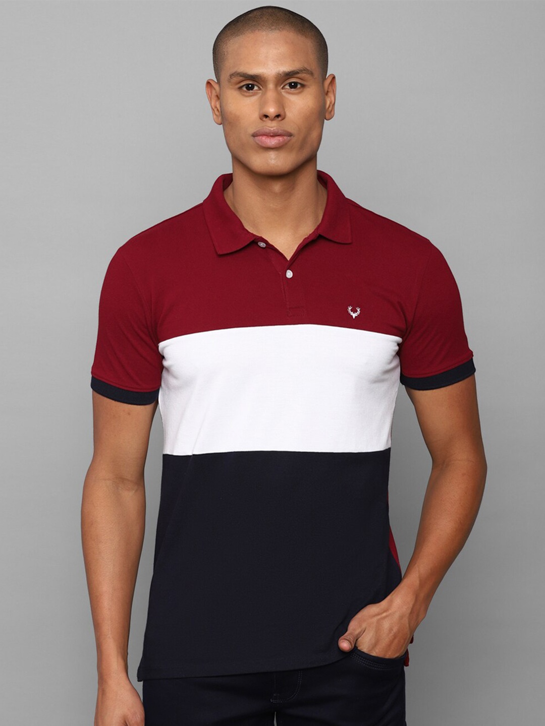 

Allen Solly Men Maroon & White Colourblocked Polo Collar T-shirt