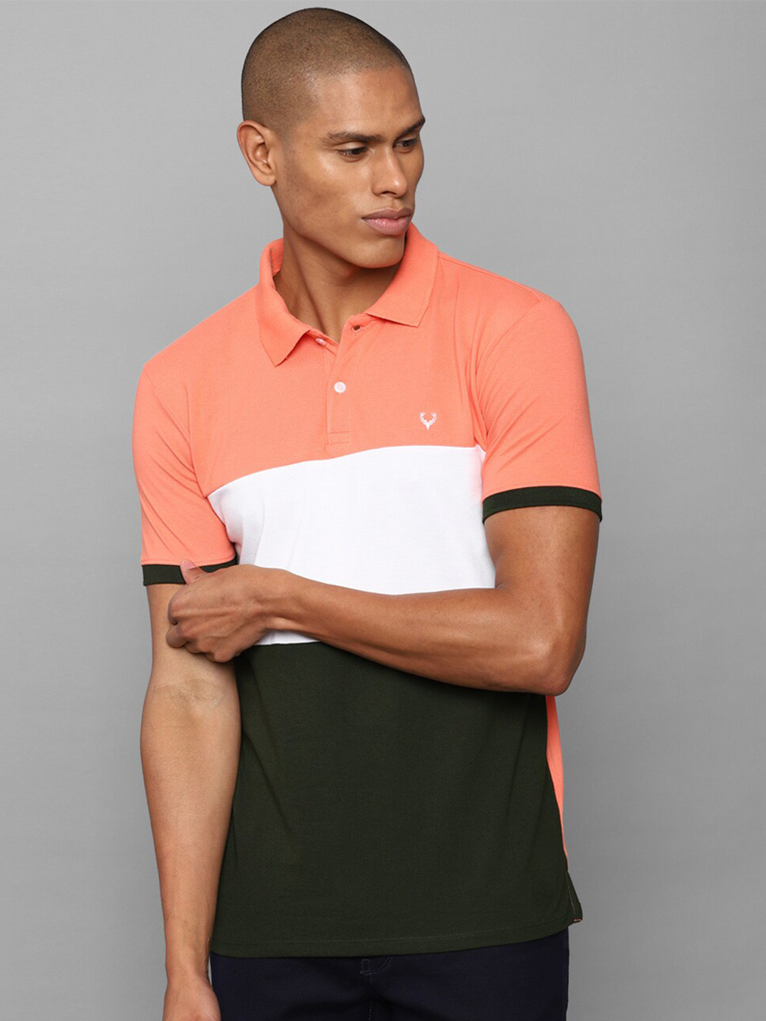 

Allen Solly Men Peach-Coloured & White Colourblocked Polo Collar T-shirt