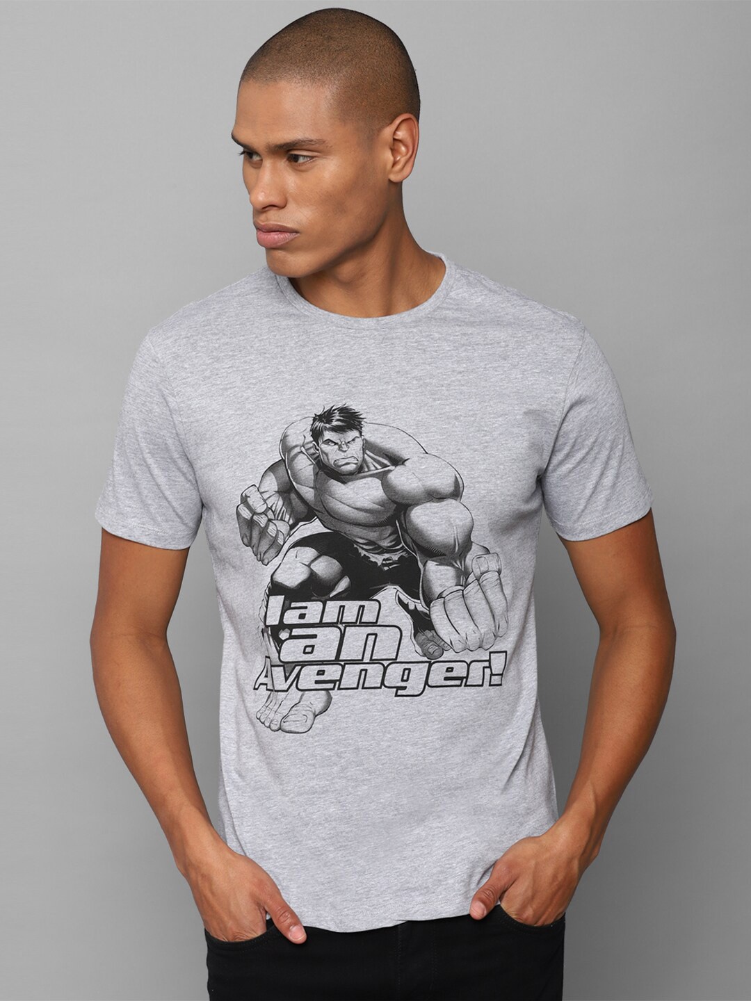 

Allen Solly Men Grey Melange Avengers Printed Slim Fit Cotton T-shirt