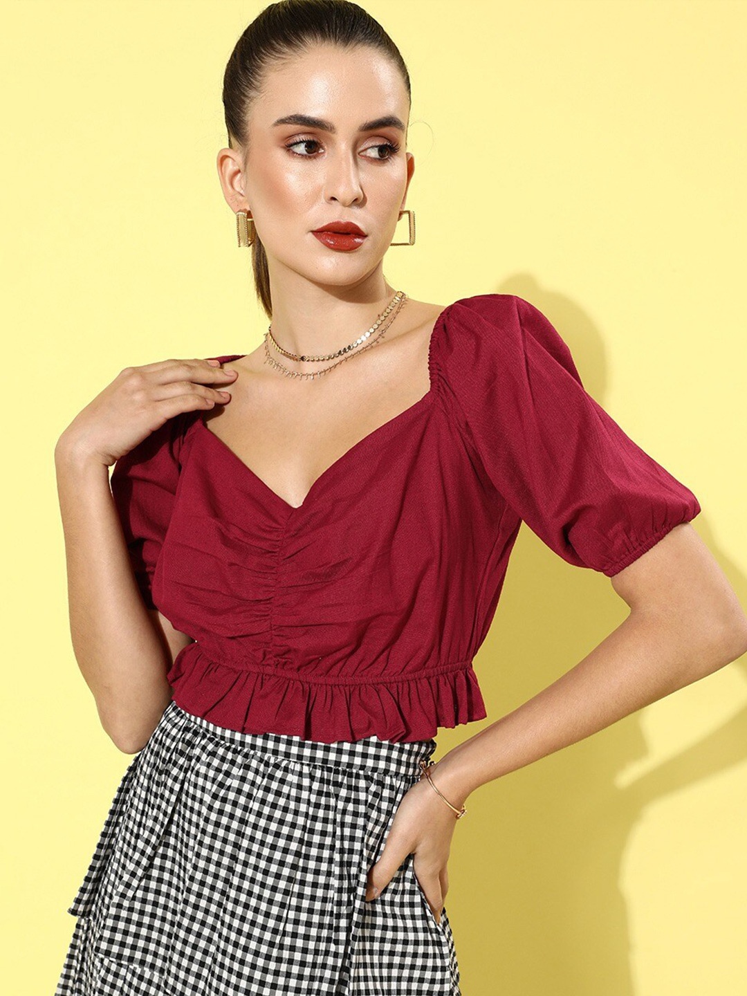 

VANCA ECO Women Maroon Solid Puff Sleeves Crop Top