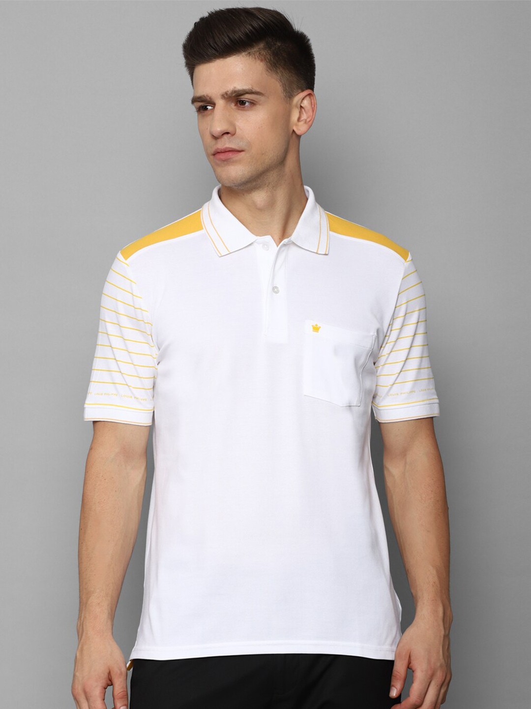 

Louis Philippe Men White & Mustard Yellow Polo Collar T-shirt