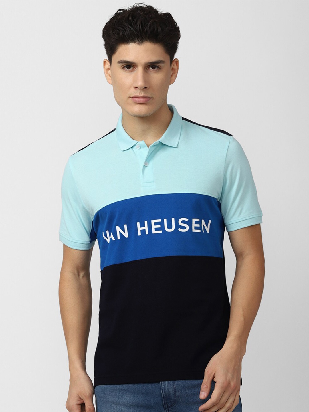 

Van Heusen Sport Men Black & Blue Colourblocked Polo Collar Pure Cotton T-shirt