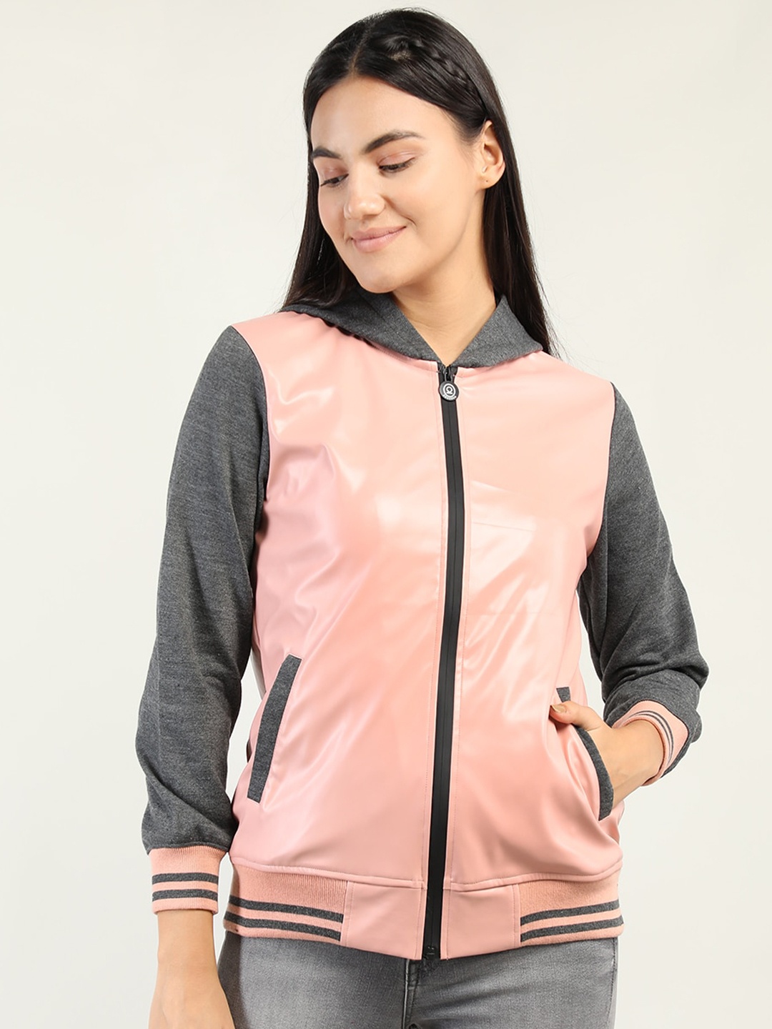 

CHKOKKO Women Pink Grey Colourblocked Training or Gym Bomber Jacket
