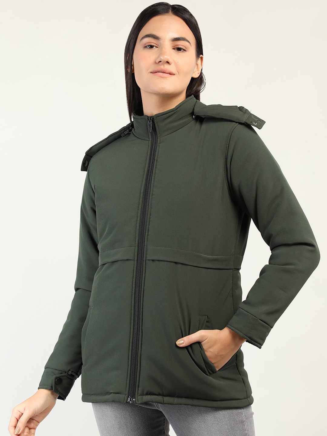 

CHKOKKO Women Olive Green Lightweight Longline Outdoor Padded Jacket