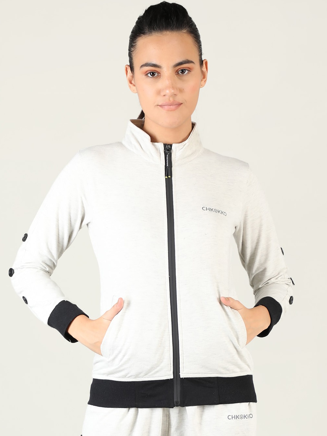 

CHKOKKO Women White Cotton Training or Gym Bomber Jacket