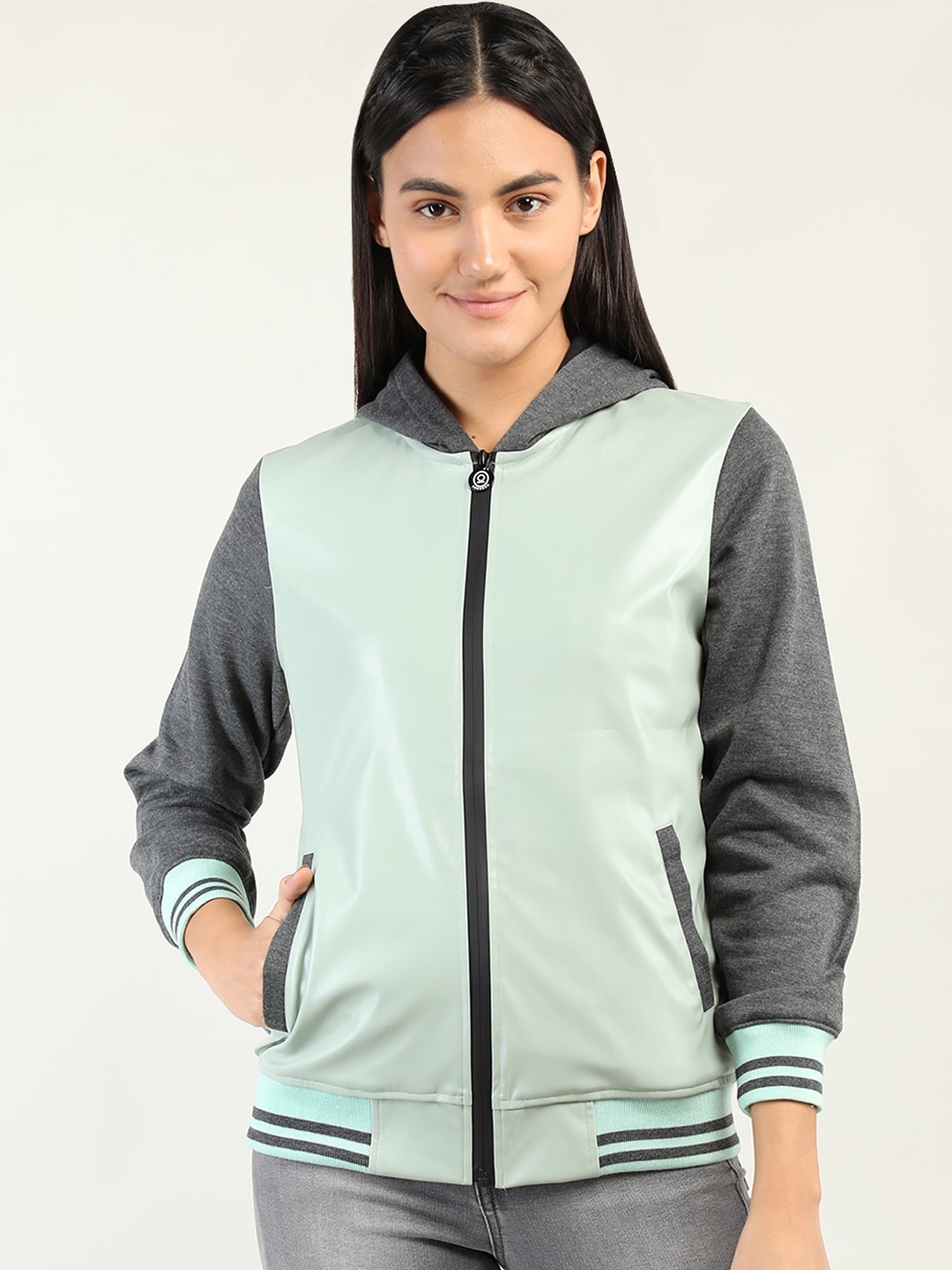 

CHKOKKO Women Green & Grey Colourblocked Training or Gym Bomber Jacket, Sea green