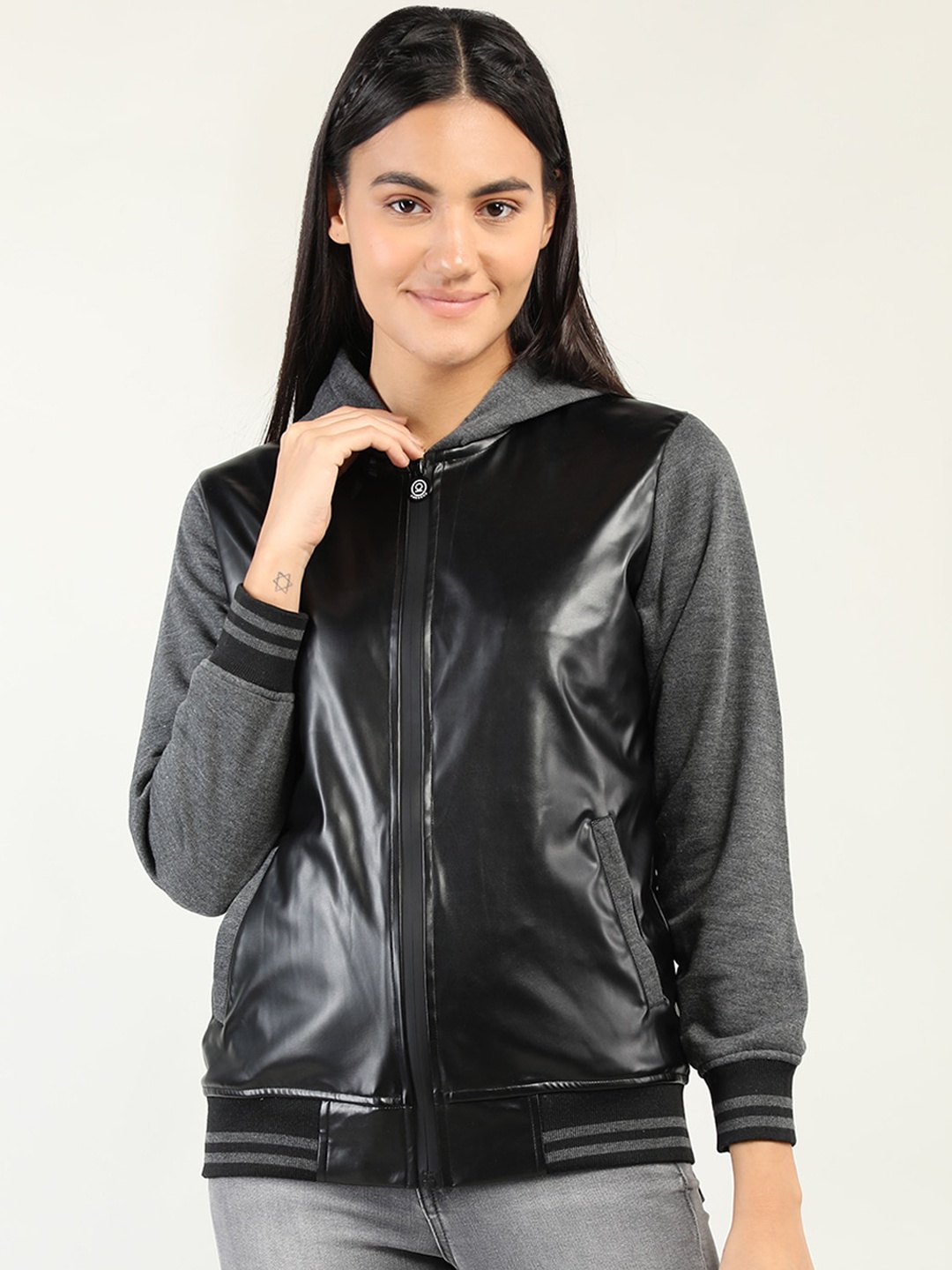 

CHKOKKO Women Black Training or Gym Bomber Jacket