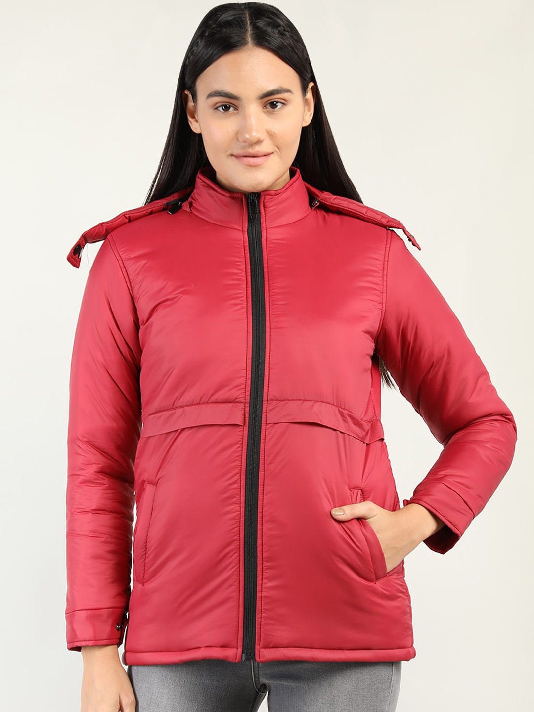 

CHKOKKO Women Red Lightweight Longline Outdoor Padded Jacket