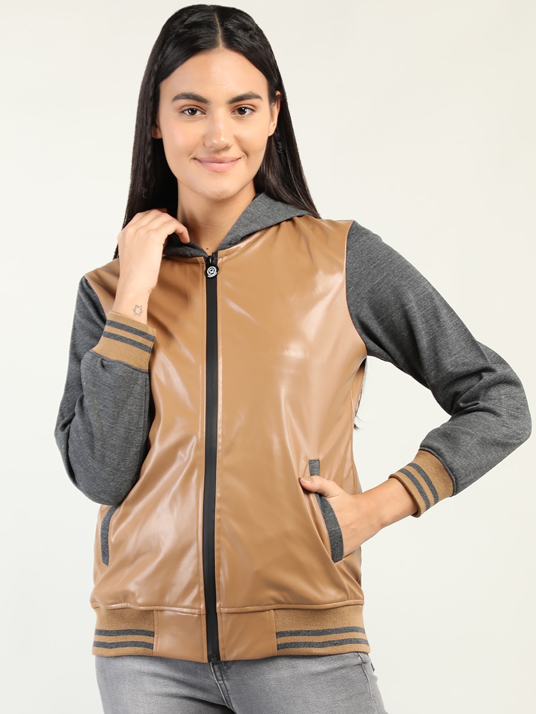 

CHKOKKO Women Tan Colourblocked Training Or Gym Bomber Jacket