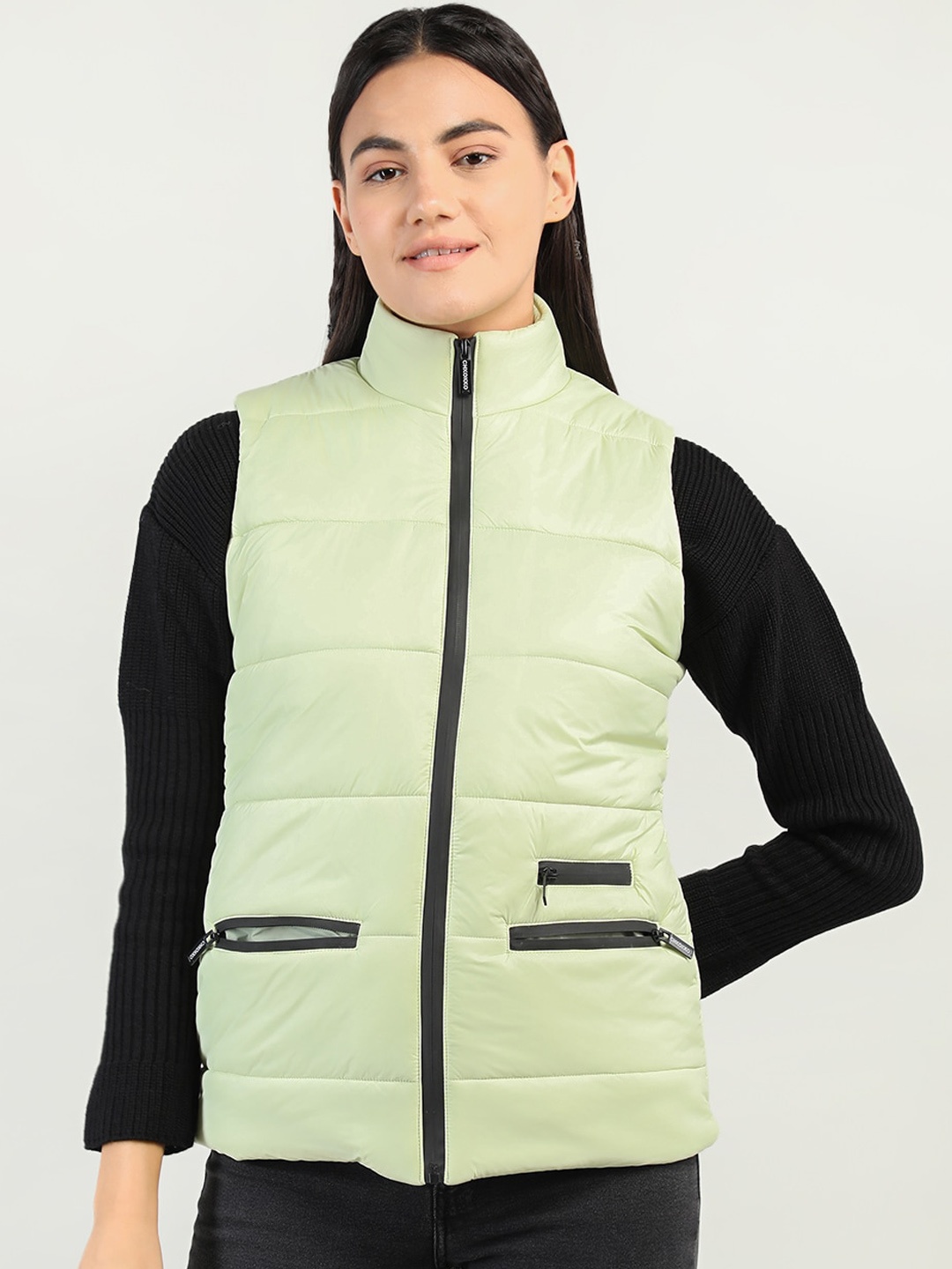 

CHKOKKO Women Green Lightweight Longline Outdoor Padded Jacket