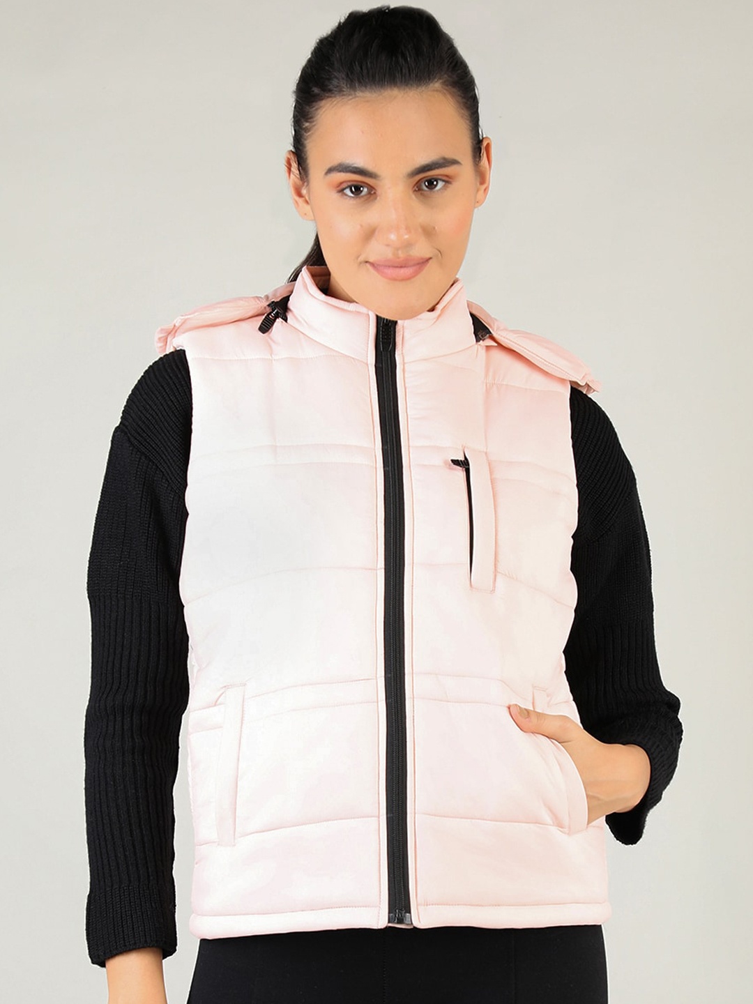 

CHKOKKO Women Peach-Coloured Striped Lightweight Outdoor Padded Jacket