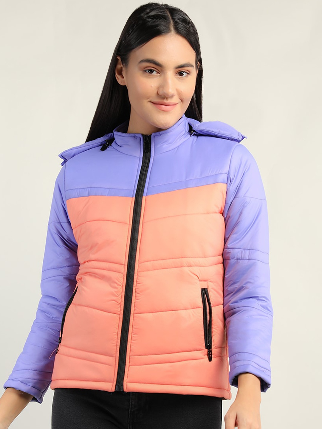 

CHKOKKO Women Lavender Colourblocked Lightweight Outdoor Padded Jacket