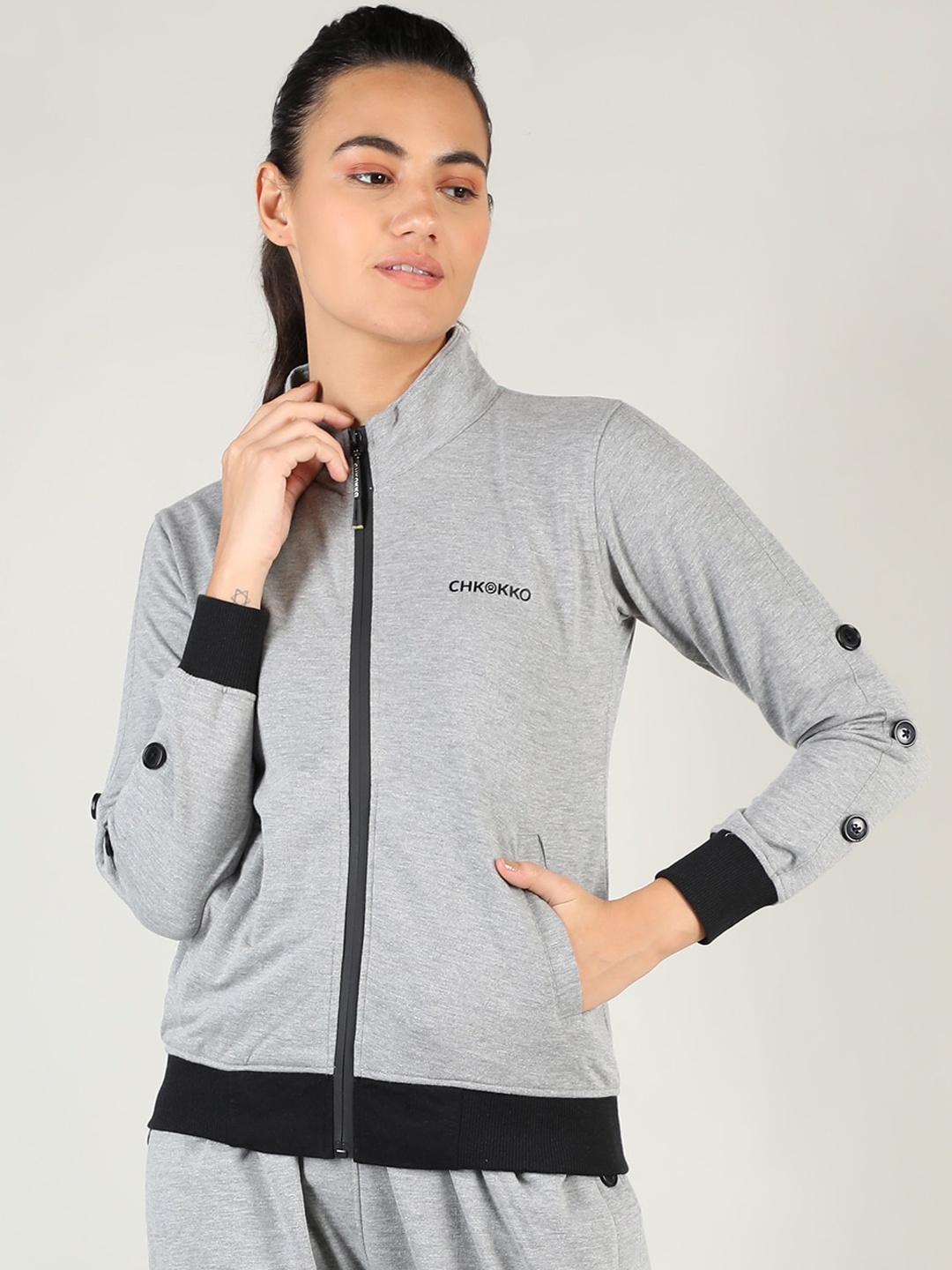 

CHKOKKO Women Grey Training or Gym Sporty Jacket with Patchwork