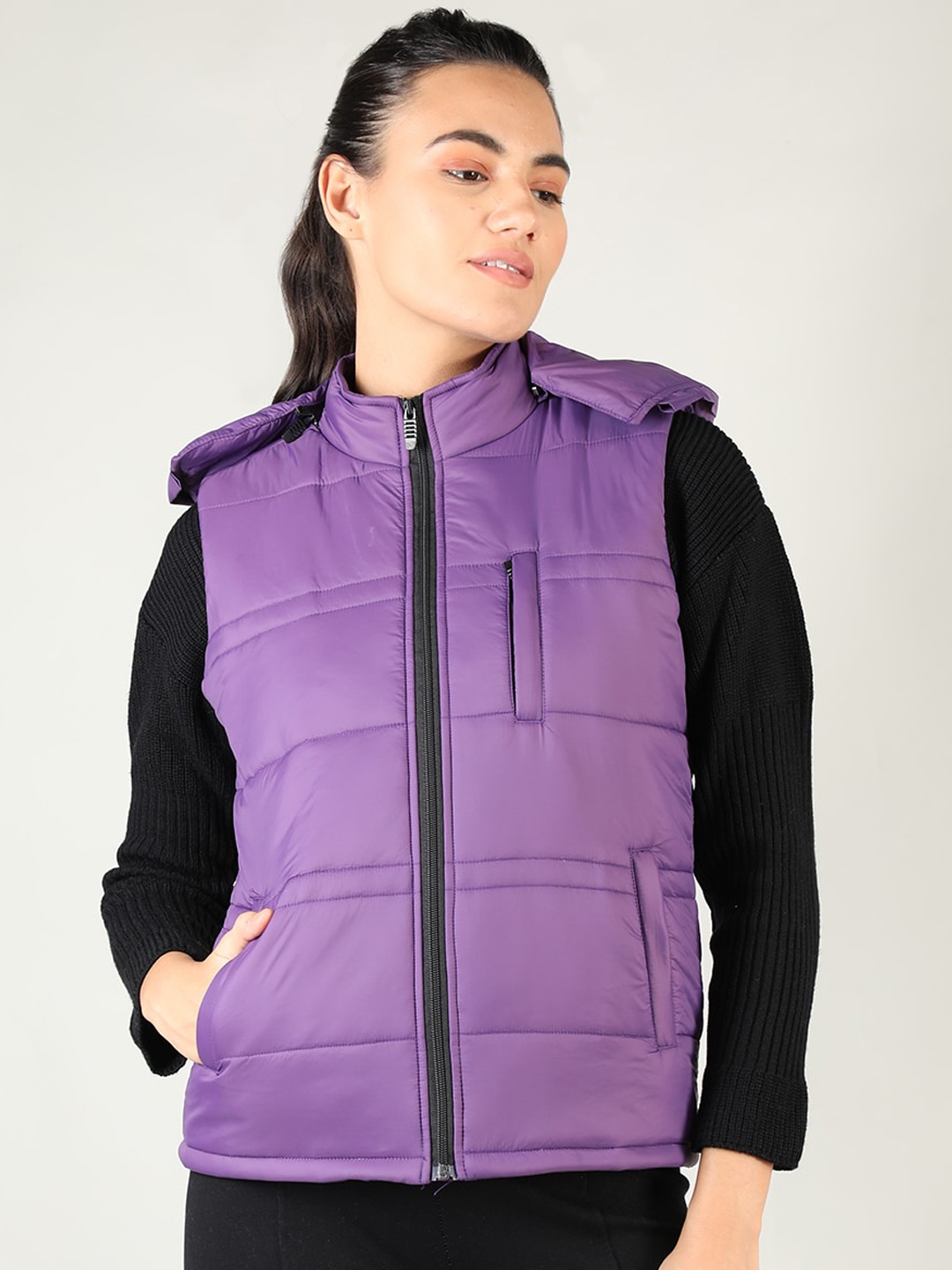 

CHKOKKO Women Purple Striped Lightweight Outdoor Padded Jacket
