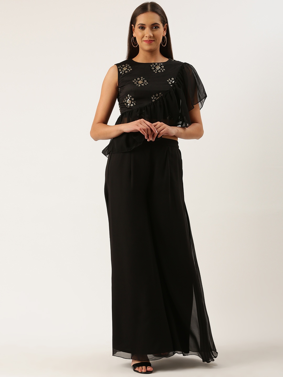 

Ethnovog Women Black Sequin Floral Embellished Ready To Wear Top with Palazzo