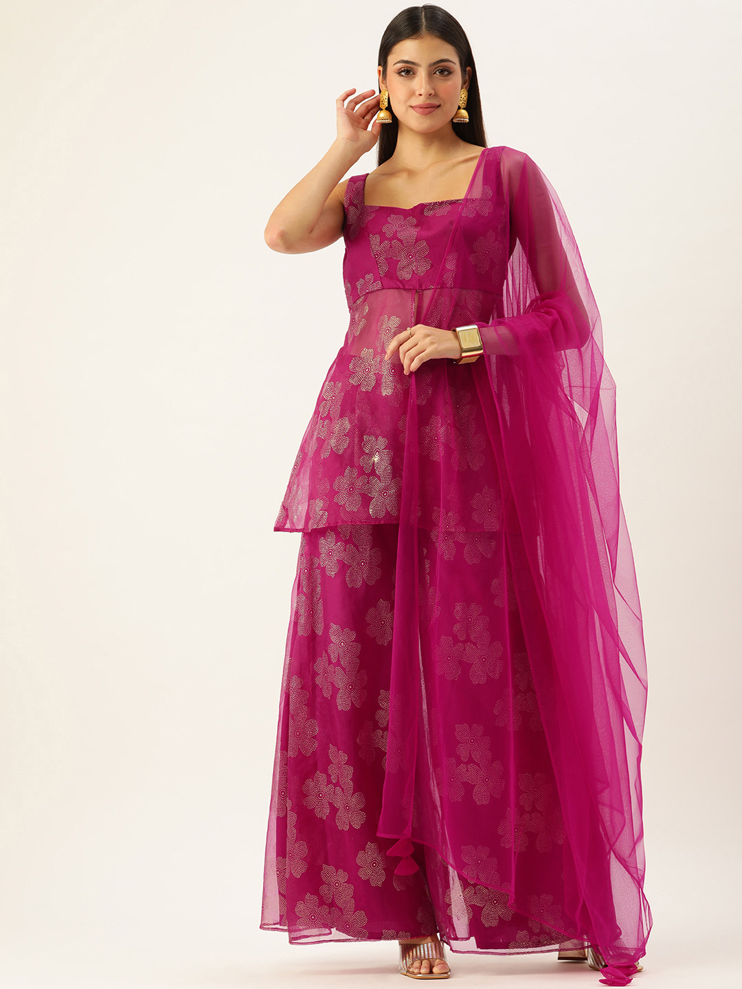 

Ethnovog Women Pink Ethnic Motifs Printed Empire Kurta with Palazzos With Dupatta