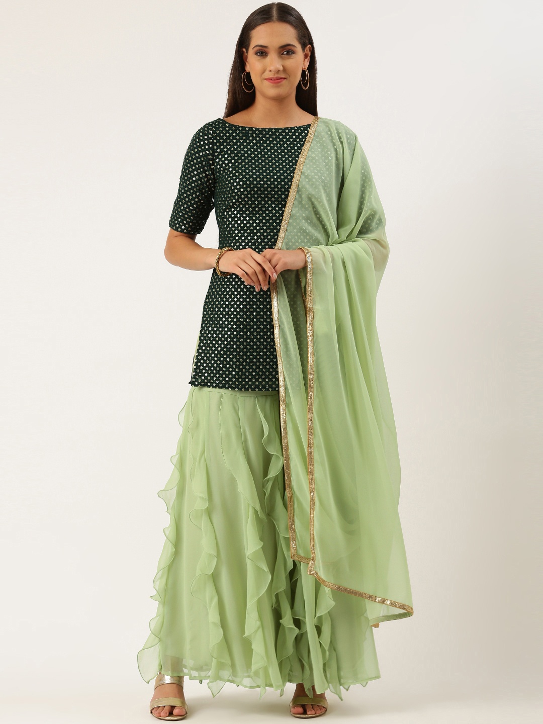 

Ethnovog Women Green Ethnic Motifs Embroidered Sequinned Kurta with Palazzos With Dupatta