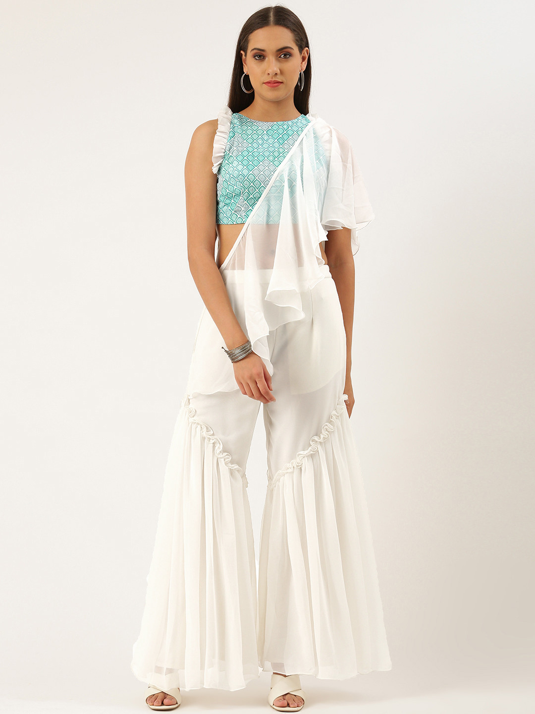 

Ethnovog Women Blue White Geometric Woven Ready To Wear Top Palazzo with Dupatta