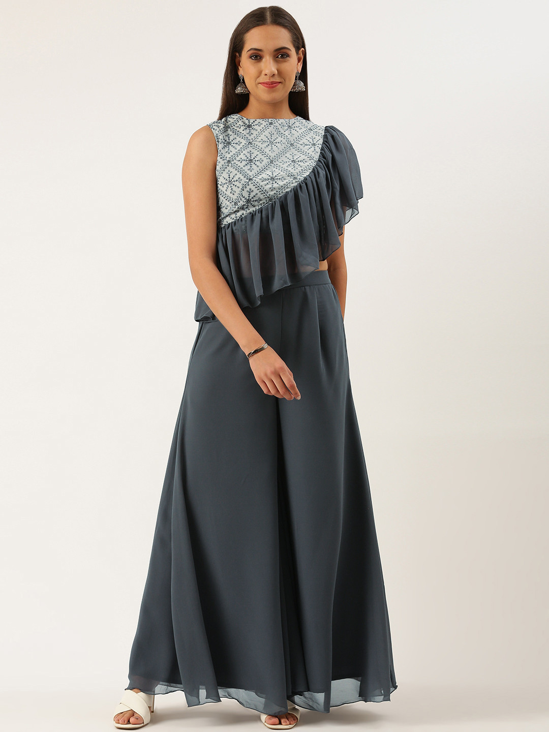 

Ethnovog Women Ready To Wear Grey Embroidered Top with Palazzo