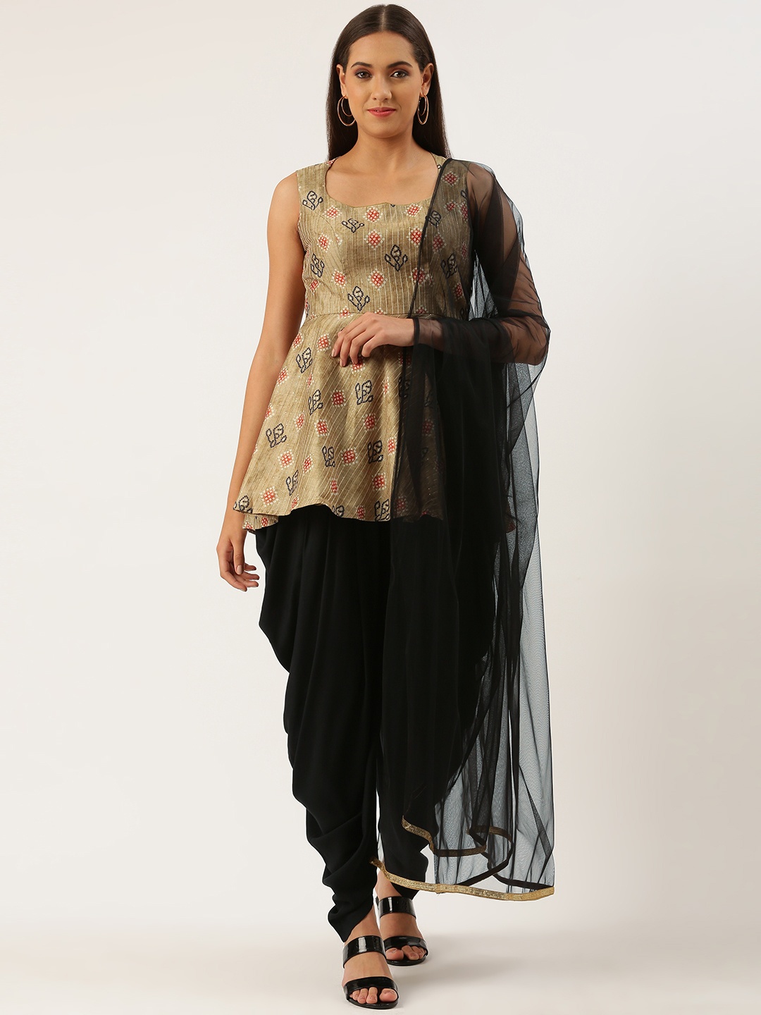 

Ethnovog Women Brown Ethnic Motifs Printed Empire Top with Dhoti Pants With Dupatta