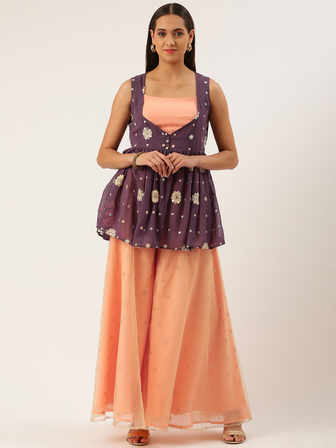 

Ethnovog Women Peach-Coloured Floral Embroidered Layered Mirror Work Kurta with Palazzos With Dupatta