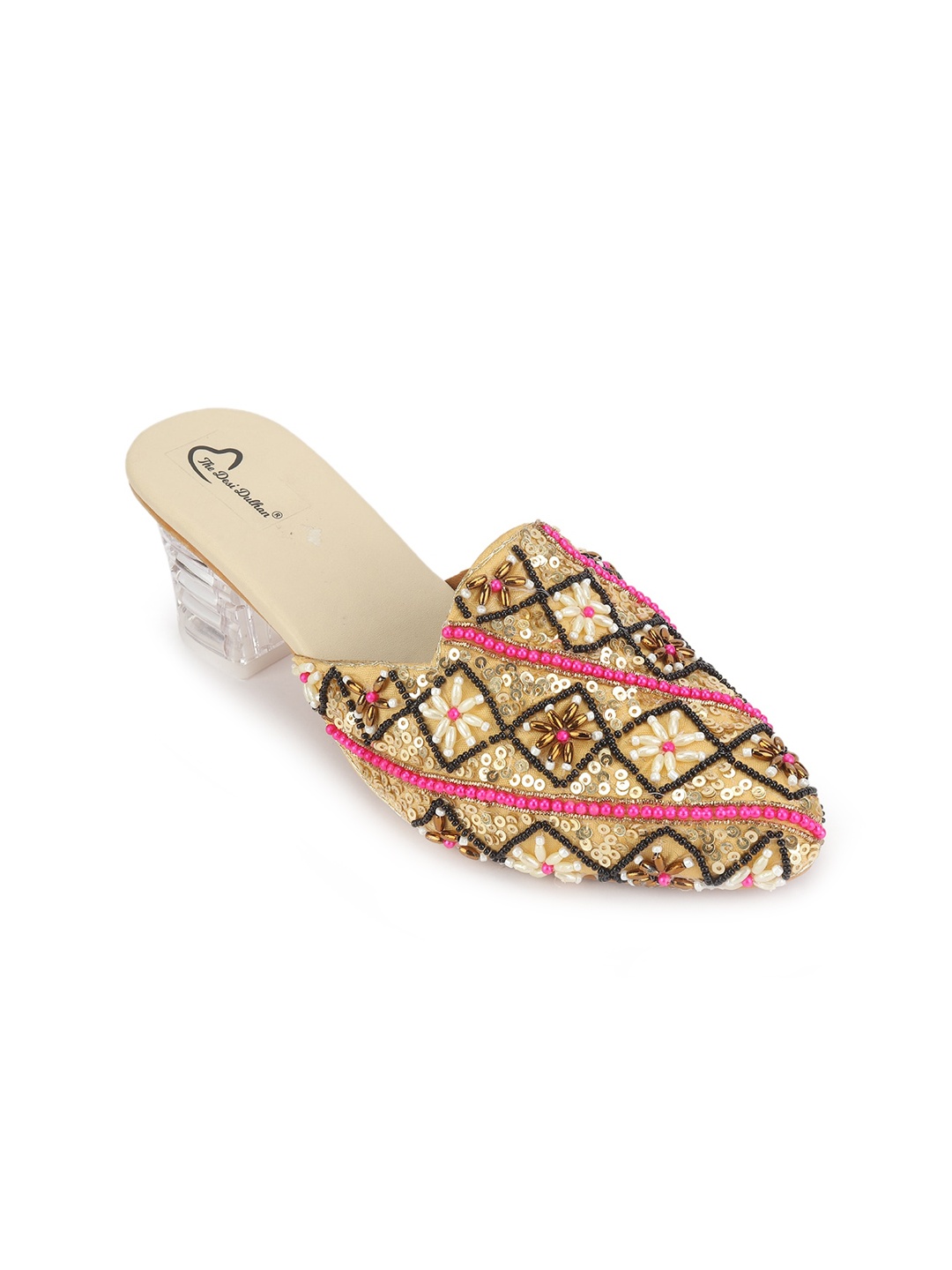 

The Desi Dulhan Women Beige & Pink Embellished Ethnic Block Mules