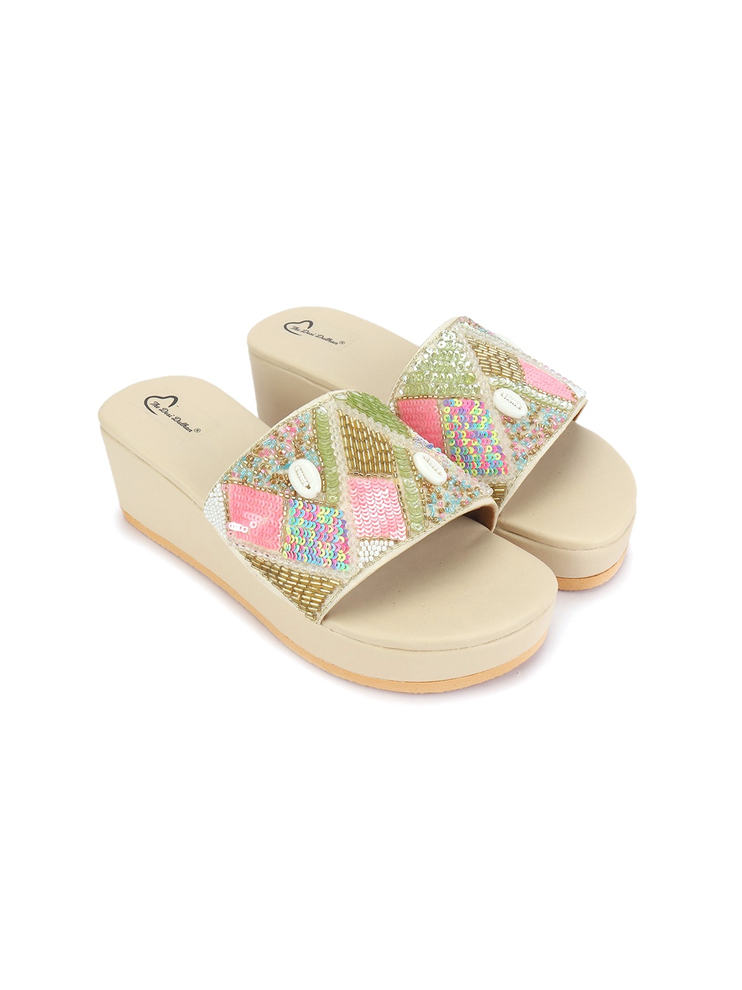 

The Desi Dulhan Women Cream-Coloured & Pink Printed Ethnic Wedge Sandals