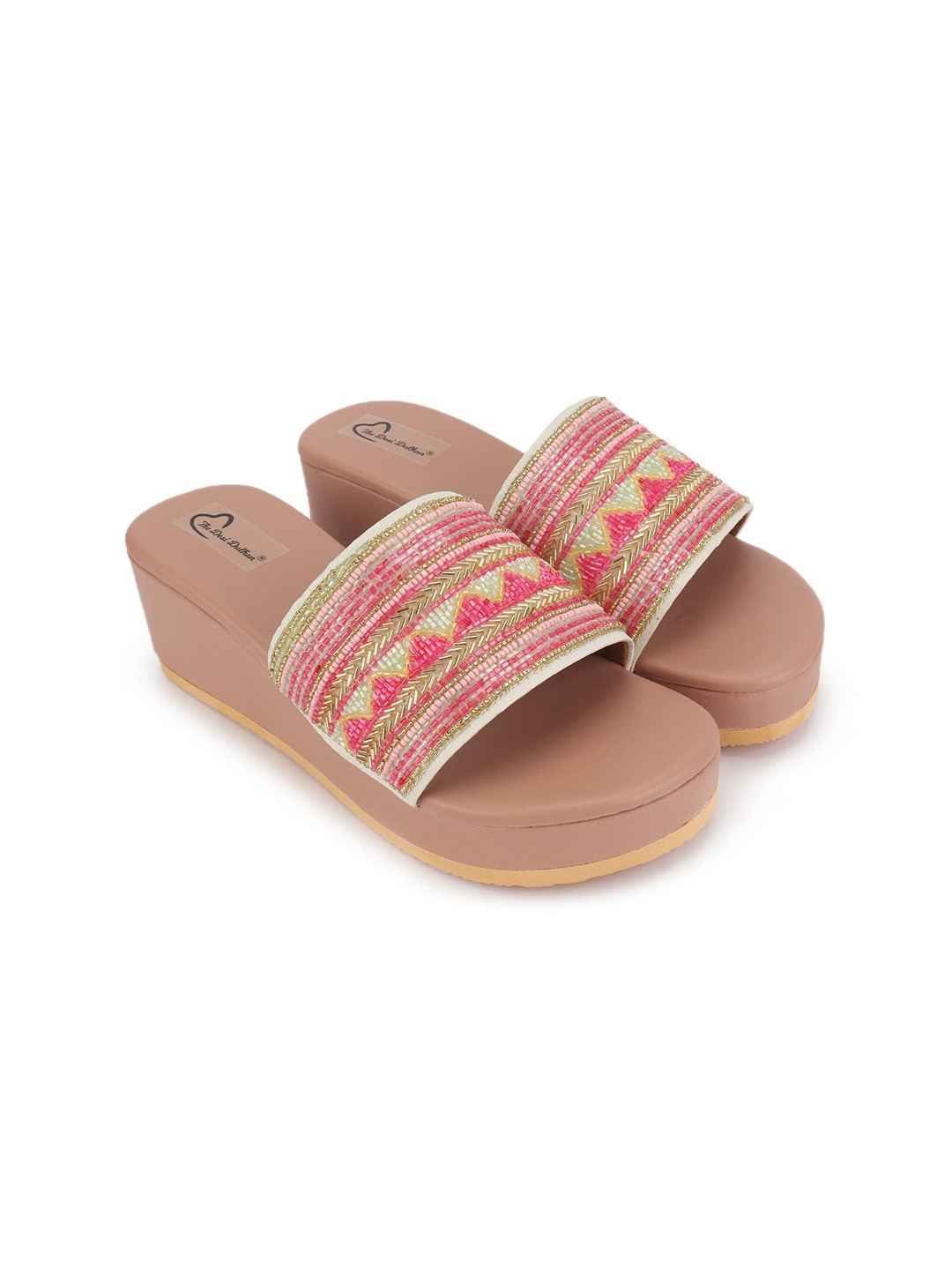 

The Desi Dulhan Women Nude-Coloured & Pink Embellished Ethnic Wedge Mules