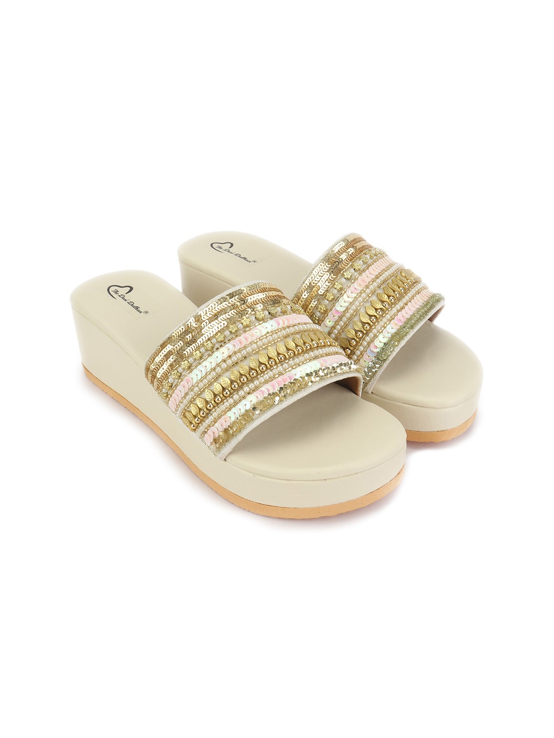 

The Desi Dulhan Women Beige & Gold-Toned Embellished Ethnic Wedge Sandals