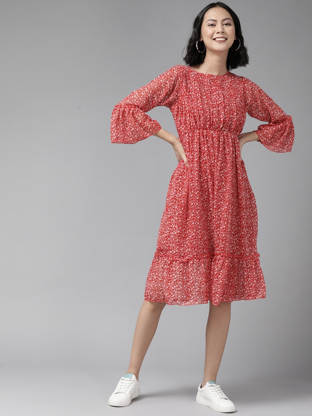 

Aarika Women Red & White Floral Print Fit & Flare Midi Dress