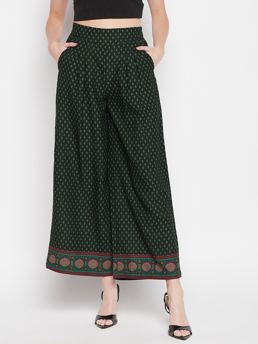 

Crozo By Cantabil Women Black & Green Floral Printed Flared Palazzos