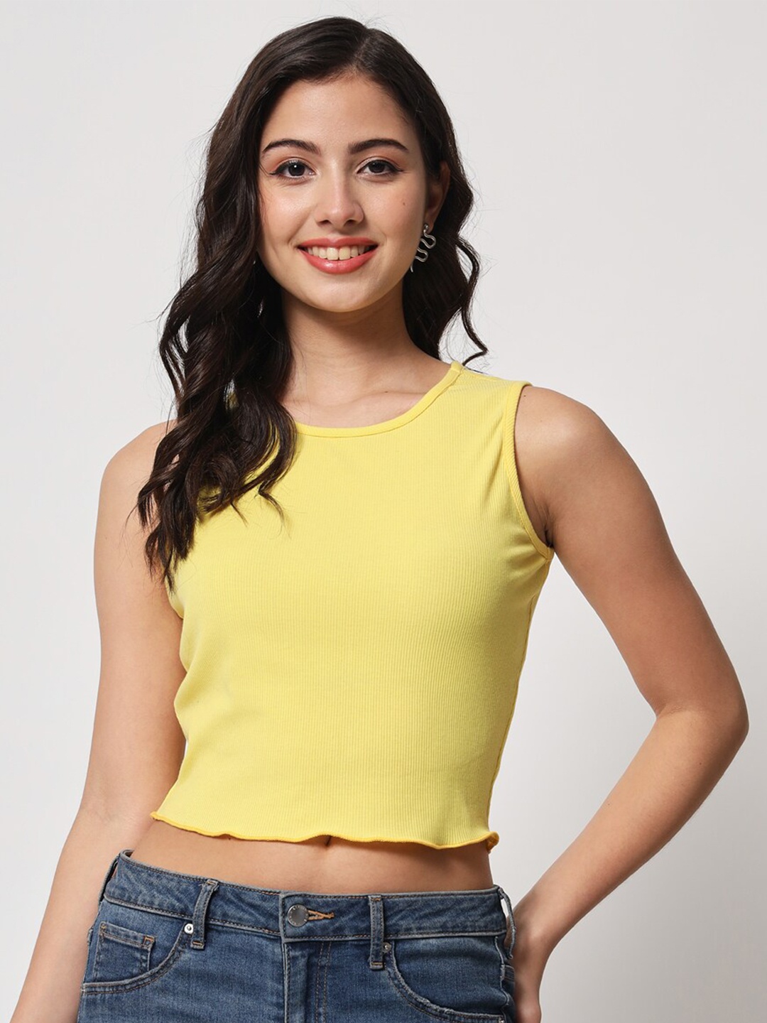 

CHARMGAL charmgal Women Yellow Sleeveless Organic Cotton Crop Top