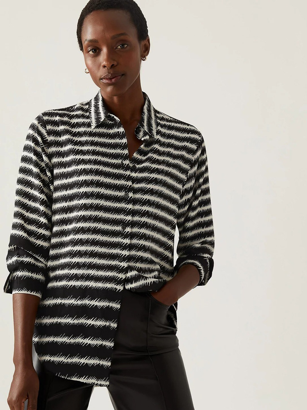 

Marks & Spencer Women Black Horizontal Stripes Striped Casual Shirt