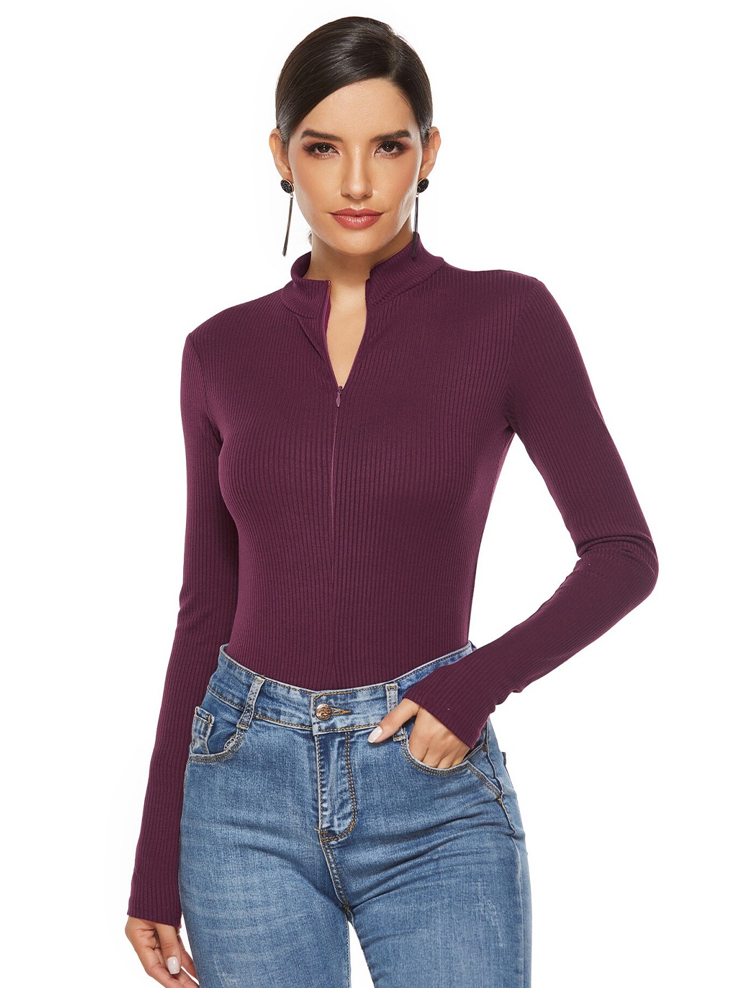 

BoStreet Women Maroon Solid High Neck Fitted Top