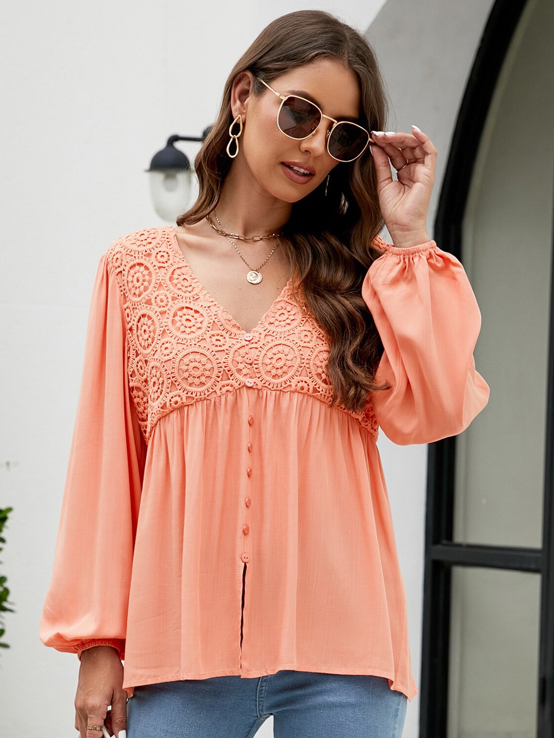 

BoStreet Women Coral Floral Self Design Top