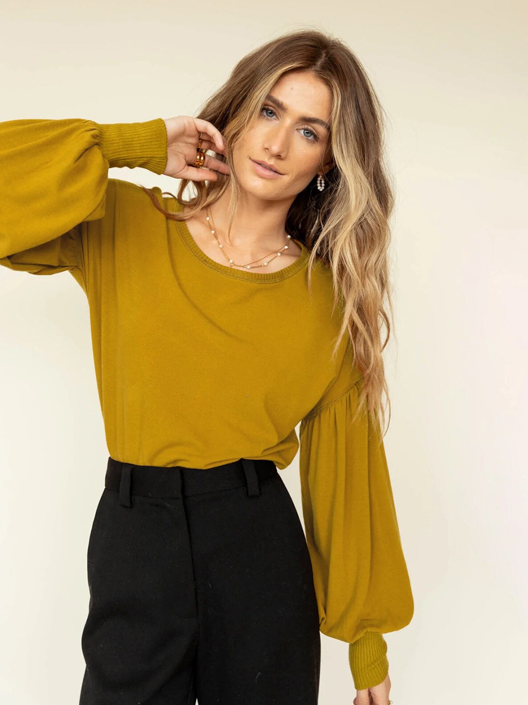 

BoStreet Women Mustard Yellow Extended Sleeves Top